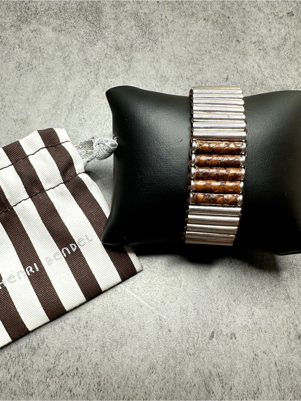 Henri Bendel Adjustable Leather & Silver Tone Statement Bracelet Boho Cuff